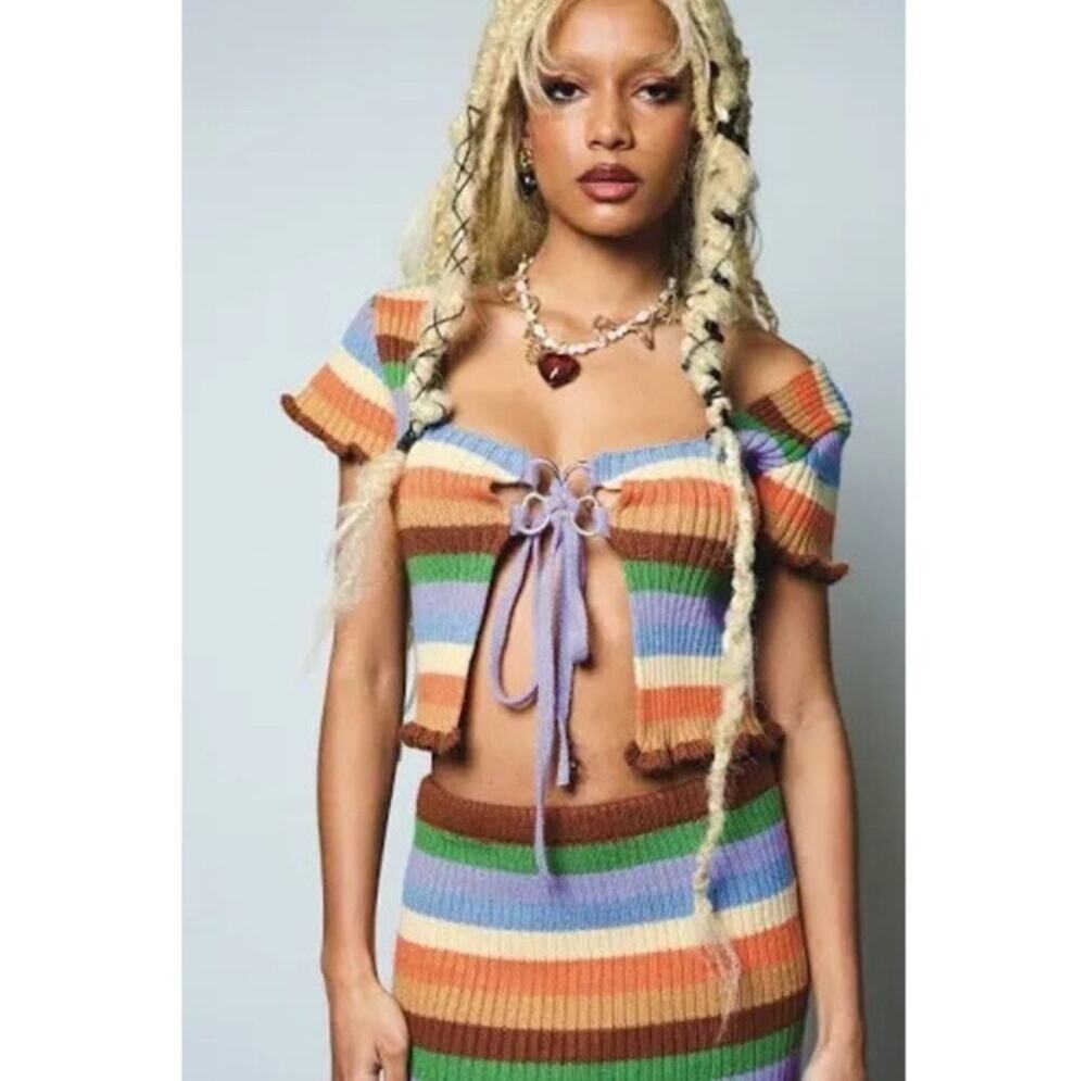 The Ragged Priest Striped Dawn Knit Sweater Cropped Top Small Revealing